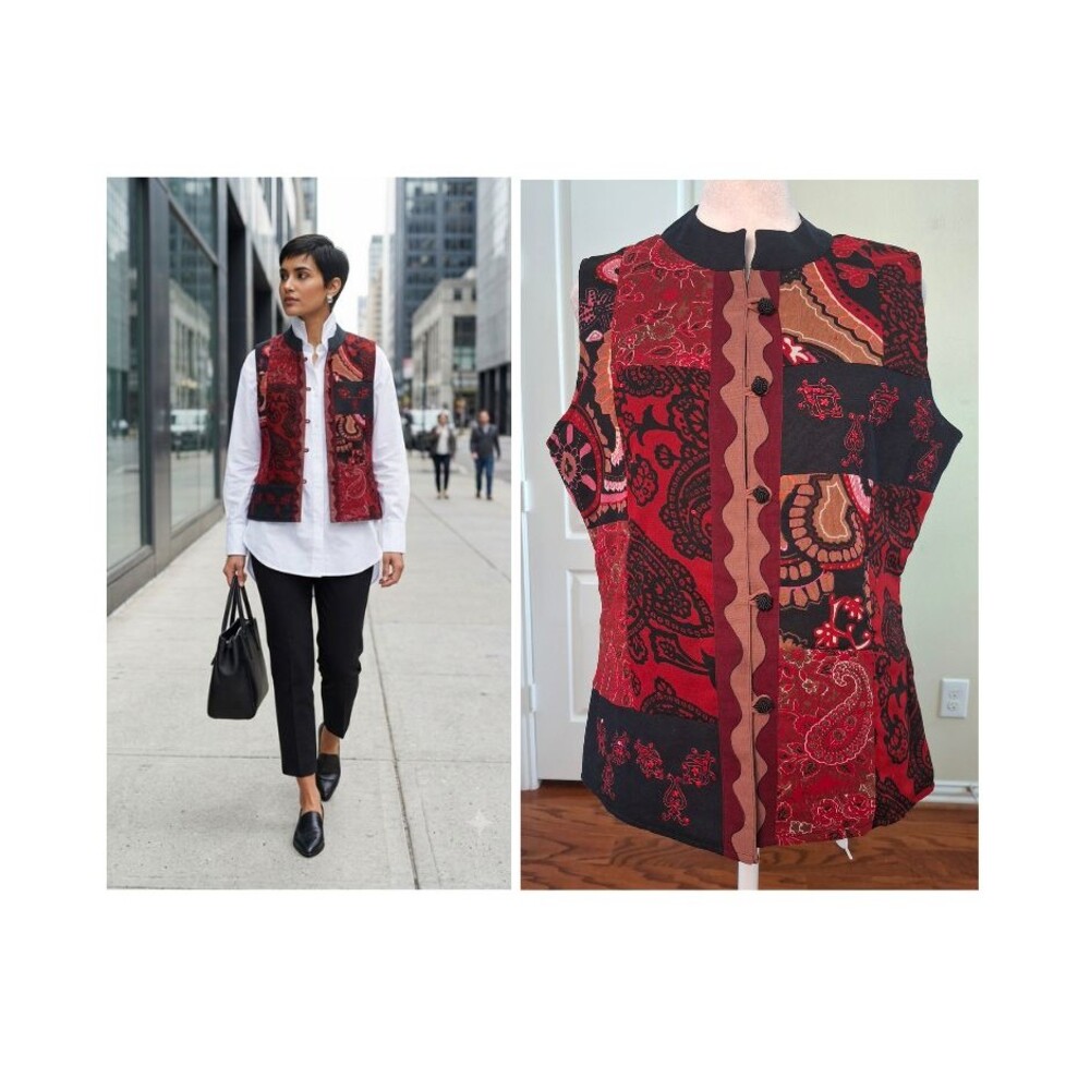 Vintage Patchwork Embroidered Sequin Boho Vest M Frog Closure Artsy Grannycore